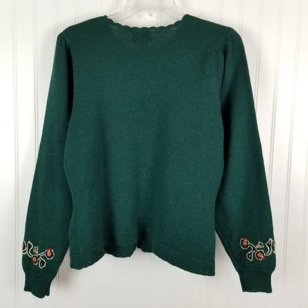 Vintage Womens Wool Cardigan Sweater Size Medium Office Siren Green Embroidered